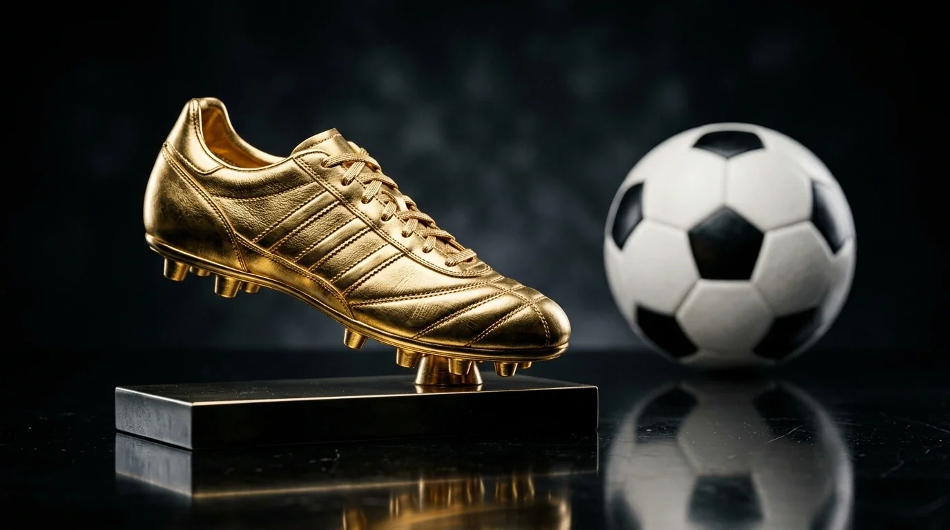 Golden Boot Trophée mat Foussball am Vordergrund