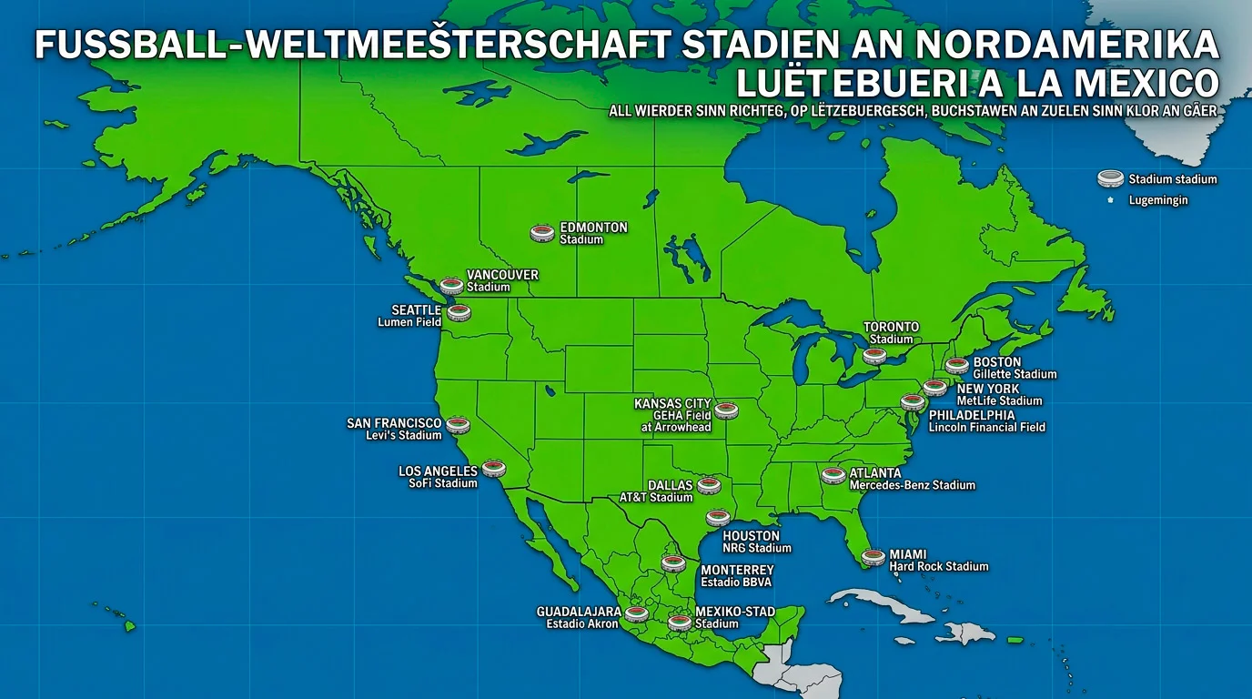 Kaart vun den 16 WM 2026 Stadien an den USA, Mexiko a Kanada