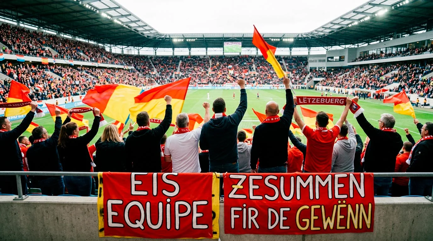 Belsch Fans mat roude Schals an Fändelen am Stadion