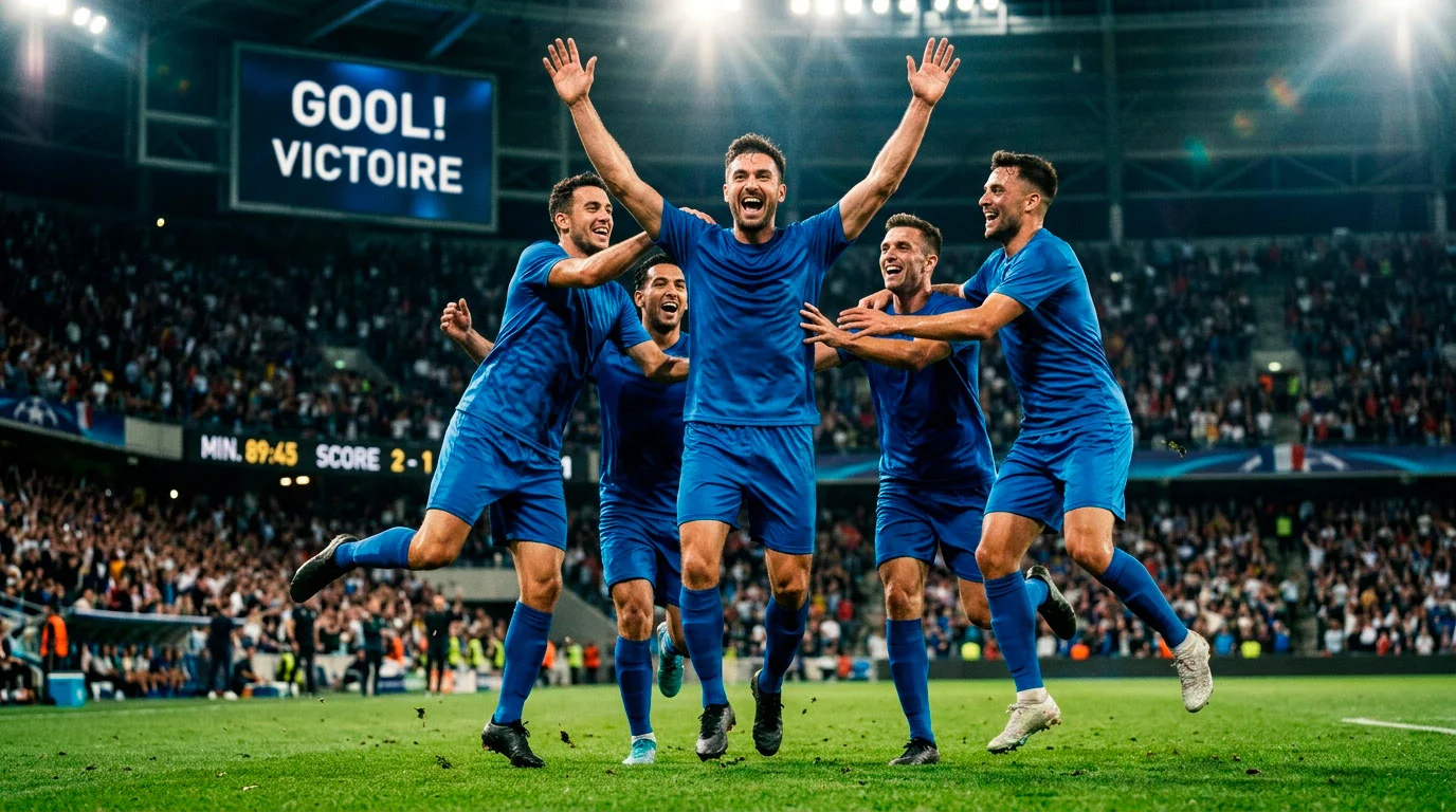 Foussballspiller am blo Trikot feiert e Gol mat senger Ekipp