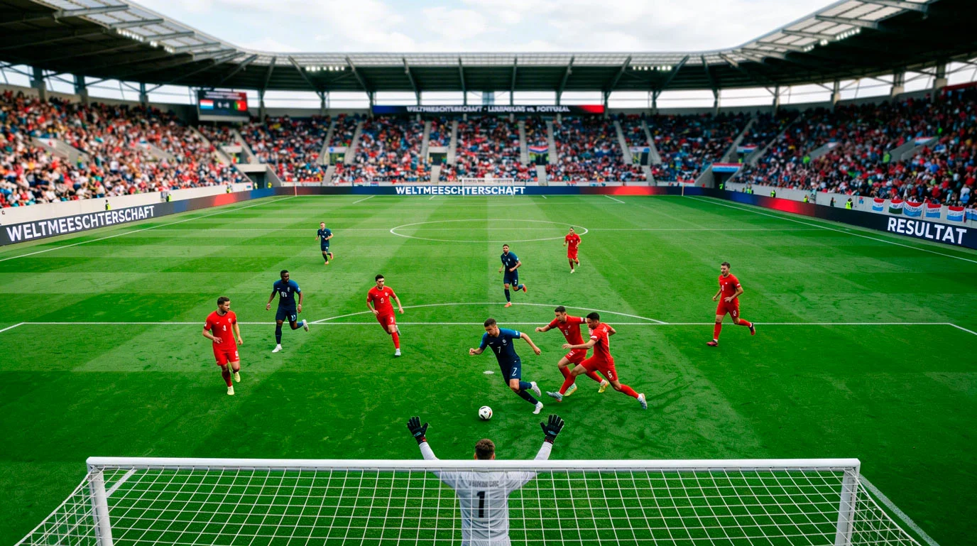 Foussballspiller aus verschiddene Natiounen op engem WM-Terrain