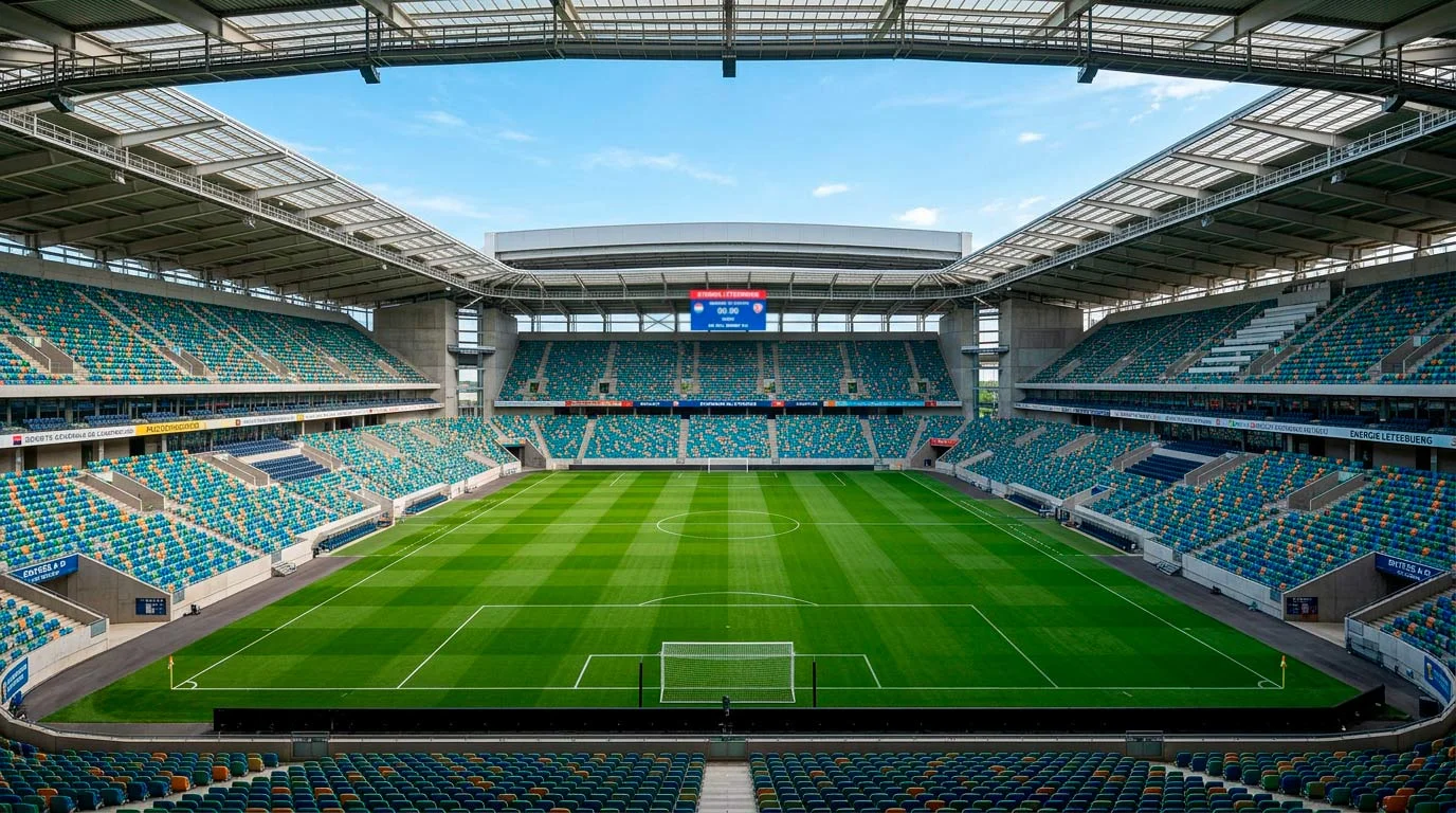 Groussen amerikanesche Foussballstadion mat gréngem Terrain an de Summer